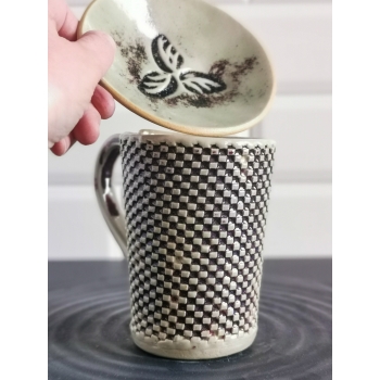 Kubek ceramiczny, bordowy, kratka 380ml